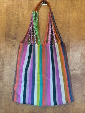 Oaxaca Mexican Multicolor Striped Woven Hammock Market Tote Bag